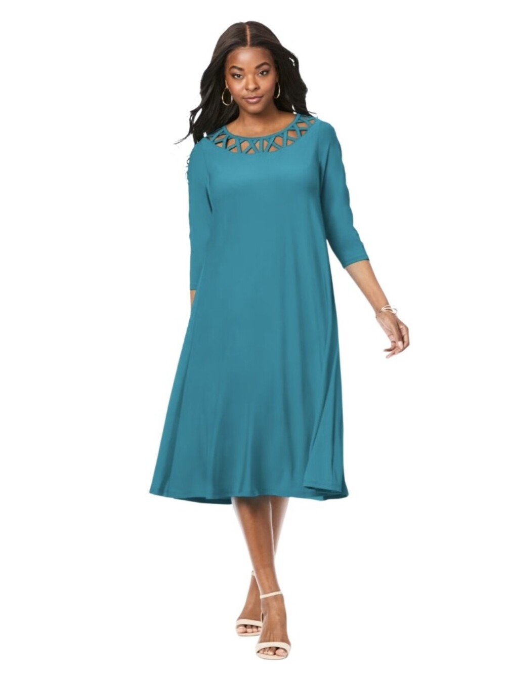 #K102 Roaman's Teal Lattice-Neck 3/4 Sleeve Midi Dress